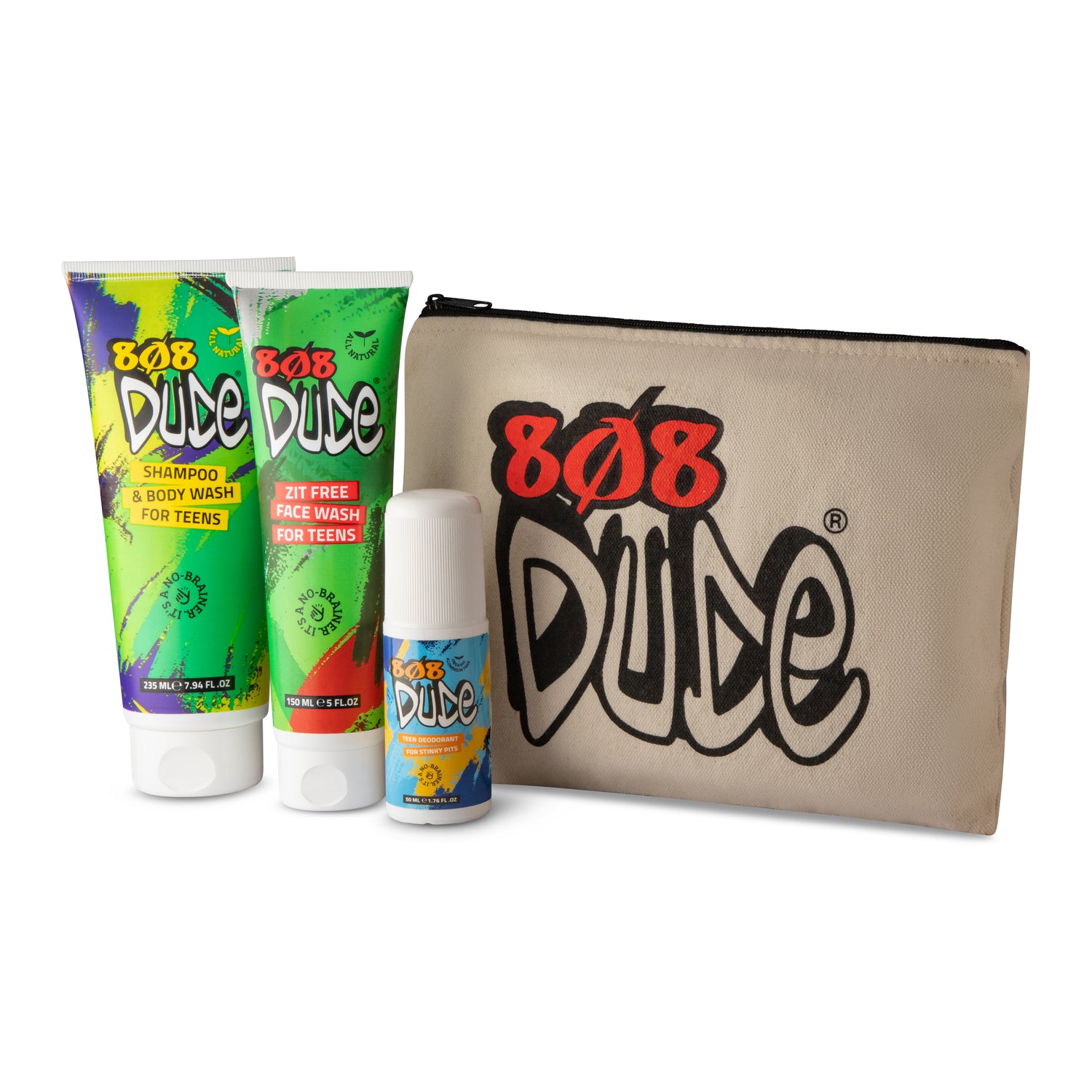 Teen skincare starter pack - 808 Dude natural grooming kit with face wash, shampoo and deodorant